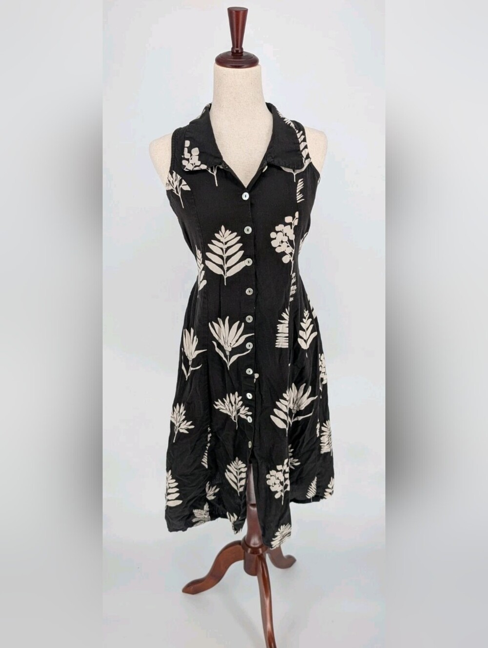 Bombay & Paisley Black Sleeveless Dress S Cotton Linen Boho Chic Leaf Print